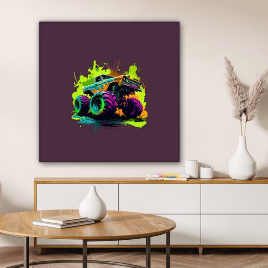 Canvas Schilderij Monstertruck - Groen - Neon - Auto - Design - 90x90 cm - Wanddecoratie