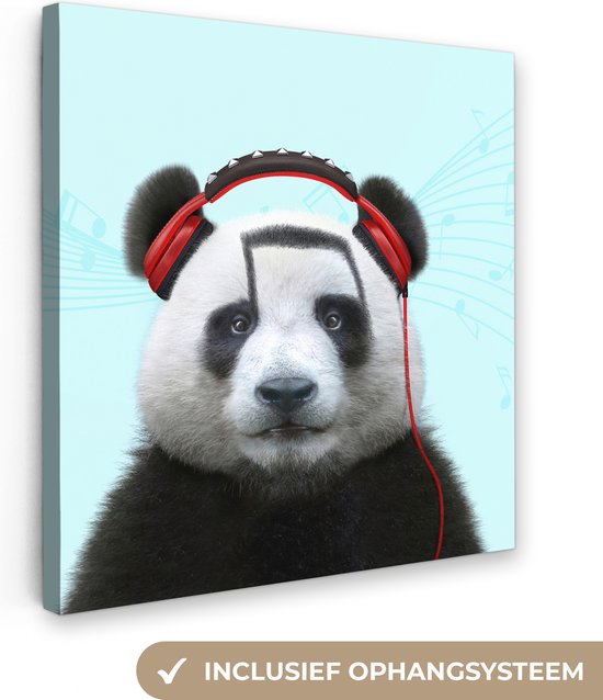 Canvas schilderij - Foto op canvas - Woonkamer decoratie - Panda - Koptelefoon - Dier - Muzieknoten - Rood - 90x90 cm