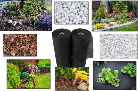 Un jardin avec des fleurs, des plantes, des pierres et de l'écorce d'arbre.