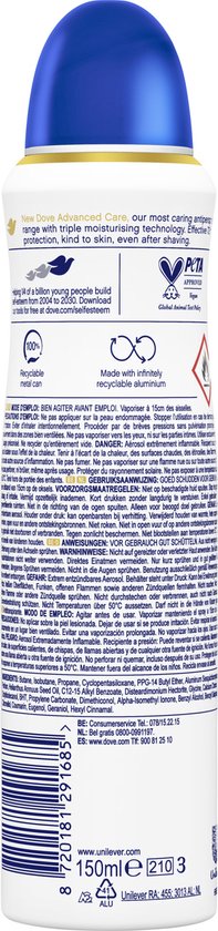 Achterkant van een Dove Advanced Care Original deodorant spray met productinformatie.