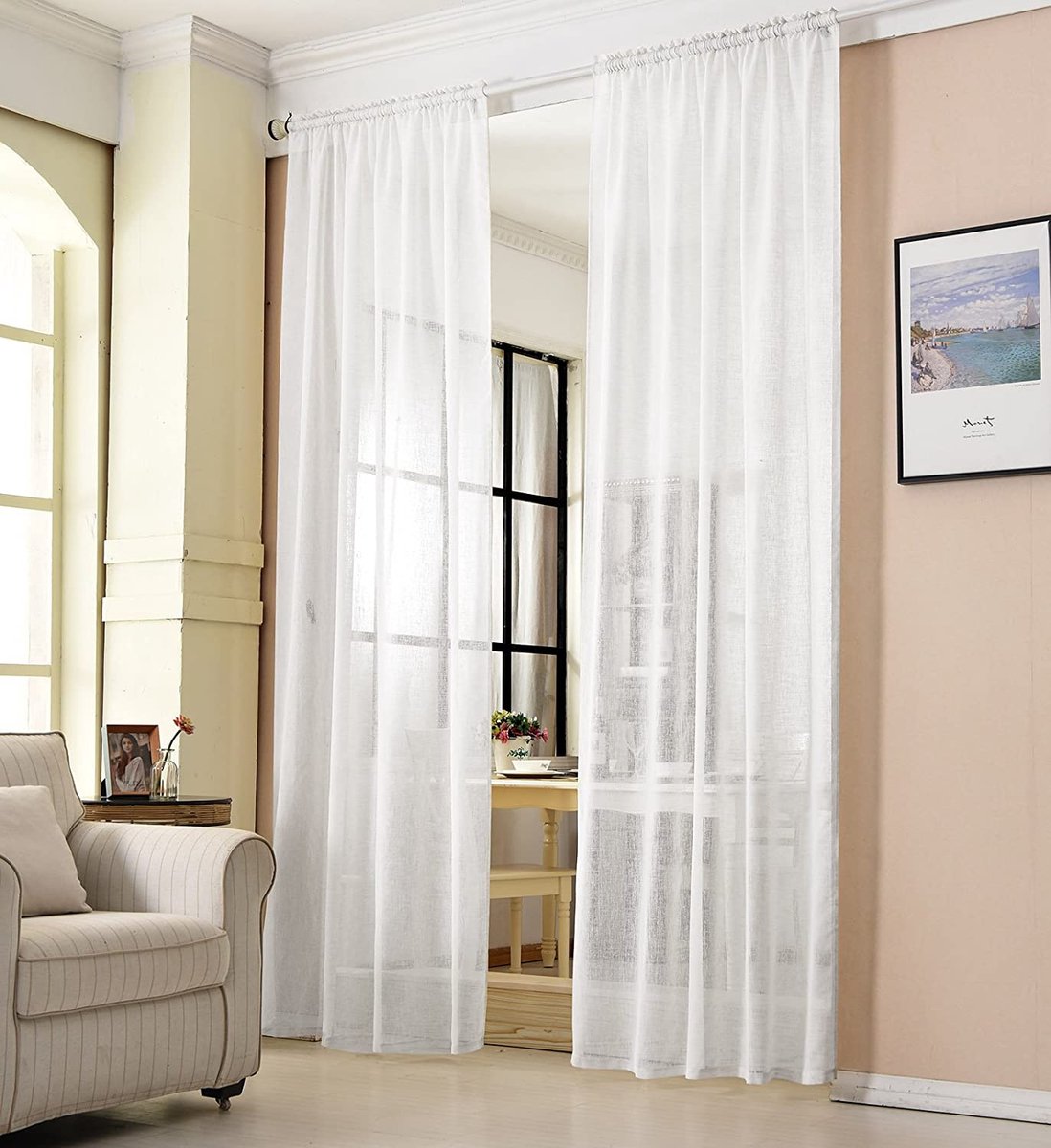 Gordijn, transparant met plooiband in linnen-ook, voile, voor woonkamer, kinderkamer en slaapkamer