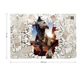 Fotobehang 3D Dinosaur Bursting Through Brick Wall | VEL - 152.5cm x 104cm | 130gr/m2 Vlies