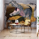Fotobehang Dinosaur 3D Jumping Out Of Hole In Wall | VEL - 152.5cm x 104cm | 130gr/m2 Vlies