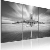 Schilderij - Vliegtuig in de richting van de wolken, 3 luik, Grijs/Wit, 3 maten, Premium print
