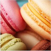 Poster Glanzend – Close-up van Verschillende Smaken Macarons Koekjes - 50x50 cm Foto op Posterpapier met Glanzende Afwerking