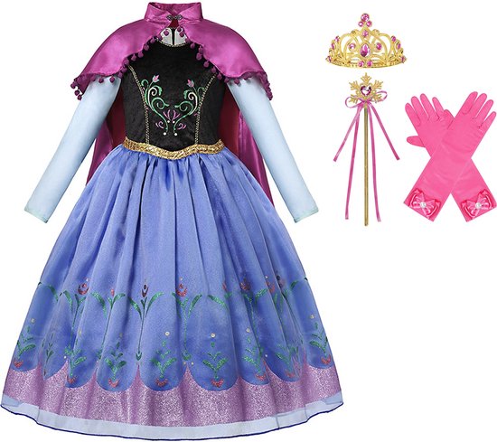 Prinsessenjurk meisje - Anna jurk - Anna verkleedkleding meisje - Het Betere Merk - Lange roze cape - Maat 98/104 (110) - Carnavalskleding - Kroon - Toverstaf - Lange handschoenen - Verkleedkleren - Kleed
