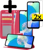 Hoesje Geschikt voor Samsung A14 Hoesje Book Case Hoes Wallet Cover Met 2x Screenprotector - Hoes Geschikt voor Samsung Galaxy A14 Hoesje Bookcase Hoes - Donkerroze
