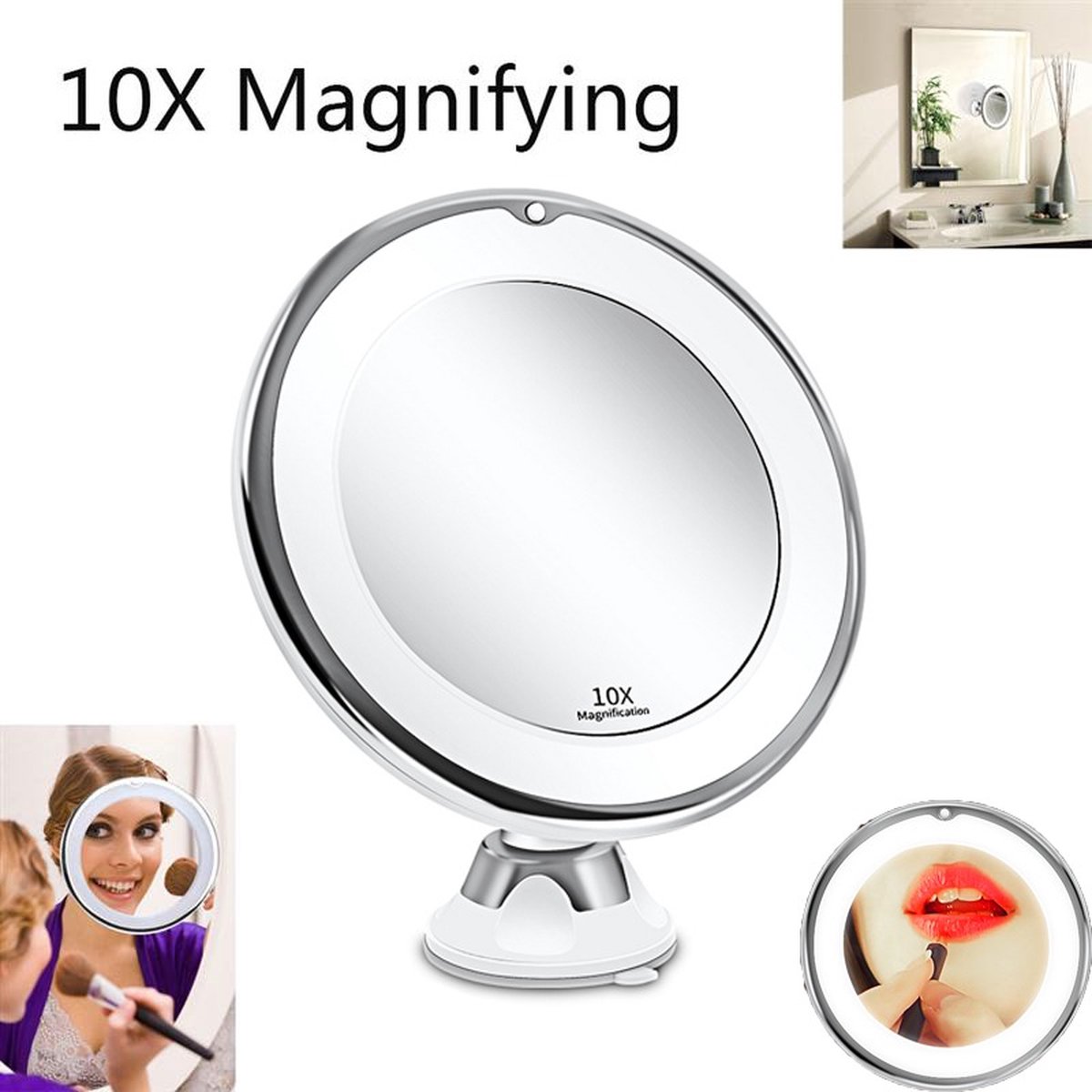 TechU™ Make-upspiegel Ingebouwd Licht met Zuignap – Spiegel Vergroot tot 10x – 360 graden Rotatie – 17.5 cm – Zilver