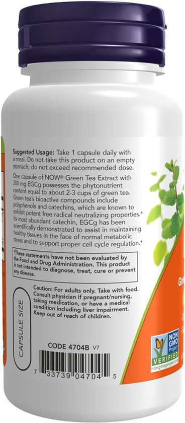 Witte fles met blauw deksel. Label toont 'GECg Green Tea Extract'. Bevat 'Non GMO Project Verified' keurmerk.