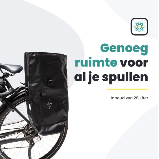 Zwarte waterdichte fietstas met logo en rits, 28 liter inhoud.