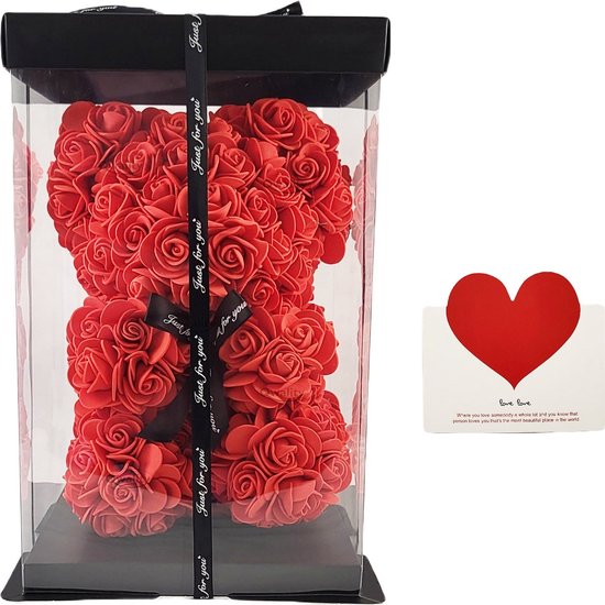 Rozen Beer - Teddy Bear Rose - 28 cm - Met Kaartje - Gift Box - Moederdag Cadeau - Roses - Huwelijks - Cadeautje voor vriendin haar moeder - Rood - Qwality