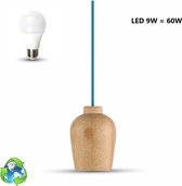 Houten hanglamp met blauwe draad - inclusief  E27 LED lamp 10W 60W - 2700K - 806 lumen - warm wit