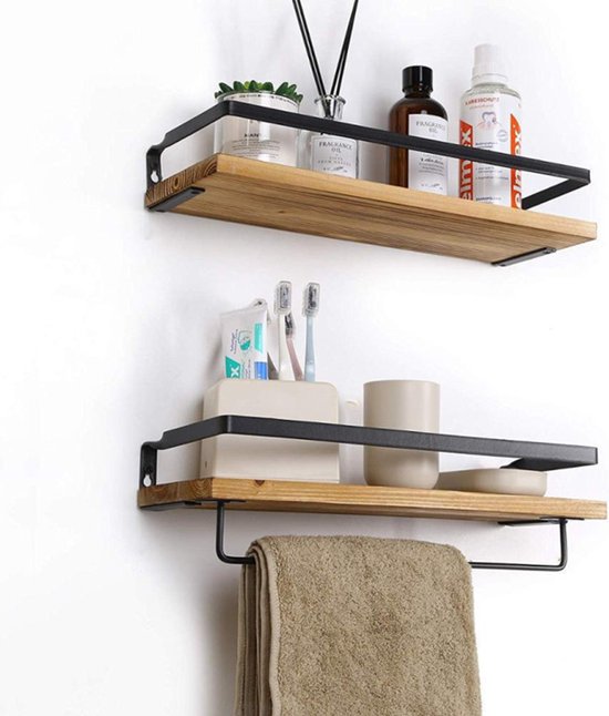 support mural à deux niveaux avec porte-serviettes- Rangement pratique et élégant pour la salle de bain et la cuisine- Zwart et marron