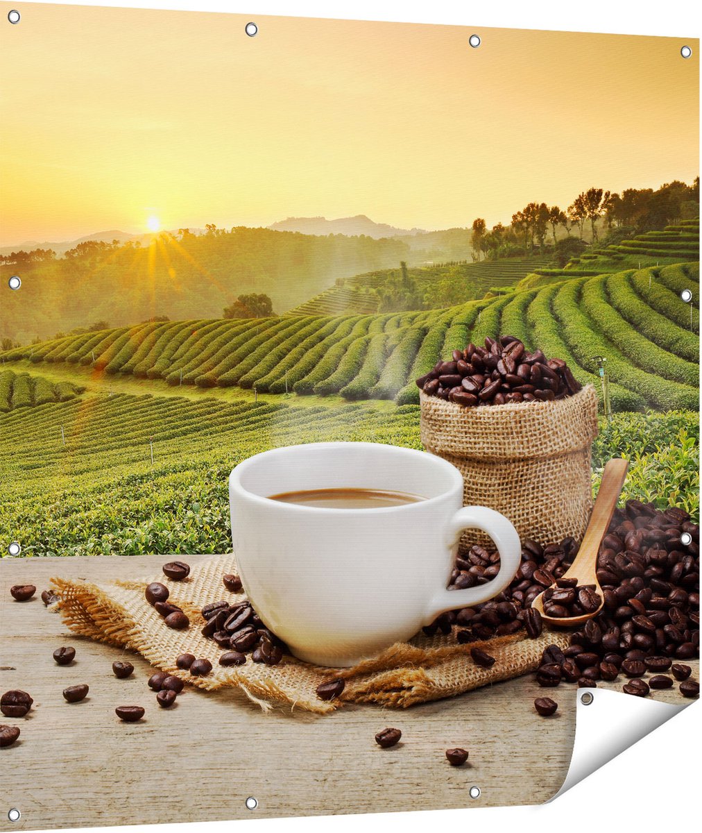 Gards Tuinposter Kopje Koffie op een Plantage Achtergrond6 - 110x110 cm - Tuindoek - Tuindecoratie - Wanddecoratie buiten - Tuinschilderij Multikleur