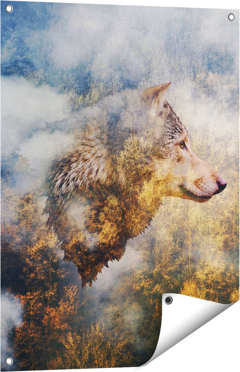 Gards Tuinposter Wolvenkop op een Herfstbos - Wolf - Abstract - 60x80 cm - Tuindoek - Tuindecoratie - Wanddecoratie buiten - Tuinschilderij Multikleur