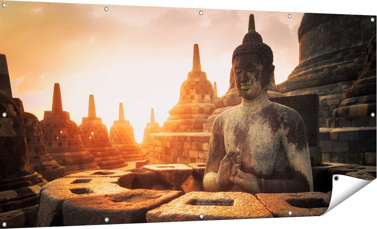 Gards Tuinposter Boeddha Beeld in een Tempel - 180x90 cm - Tuindoek - Tuindecoratie - Wanddecoratie buiten - Tuinschilderij Multikleur