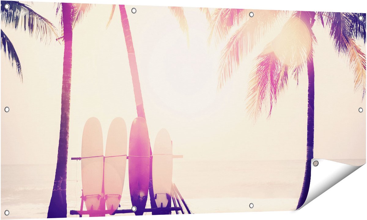 Gards Tuinposter Tropisch Strand met Surfborden - 140x70 cm - Tuindoek - Tuindecoratie - Wanddecoratie buiten - Tuinschilderij Multikleur