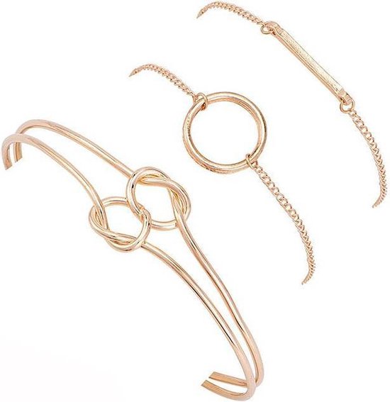 Joboly Set armbanden knot bar en cirkel 3 delig - Dames - Goudkleurig - 17 cm - Joboly