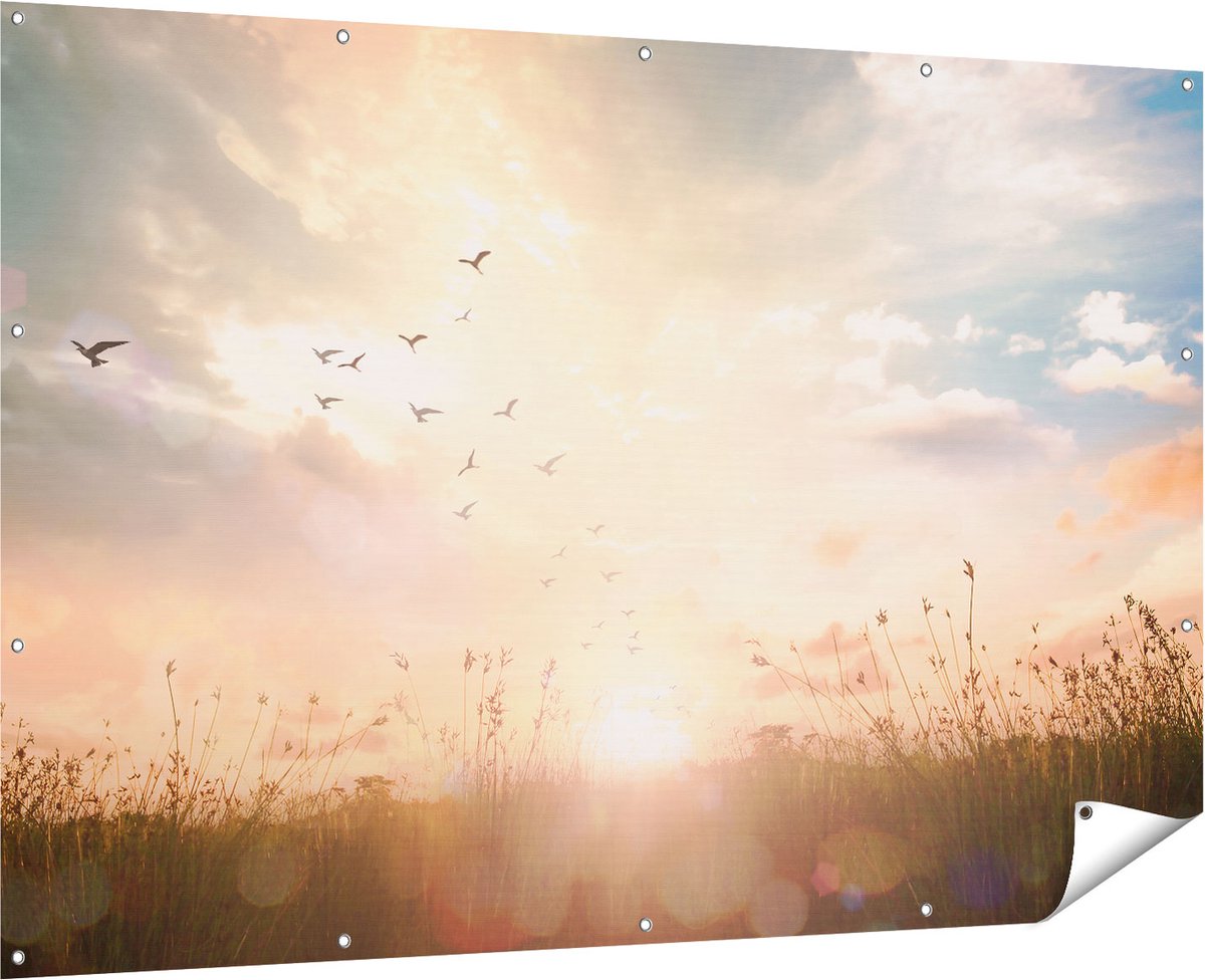 Gards Tuinposter Silhouet Vogels tijdens Zonsopkomst - 180x120 cm - Tuindoek - Tuindecoratie - Wanddecoratie buiten - Tuinschilderij Multikleur