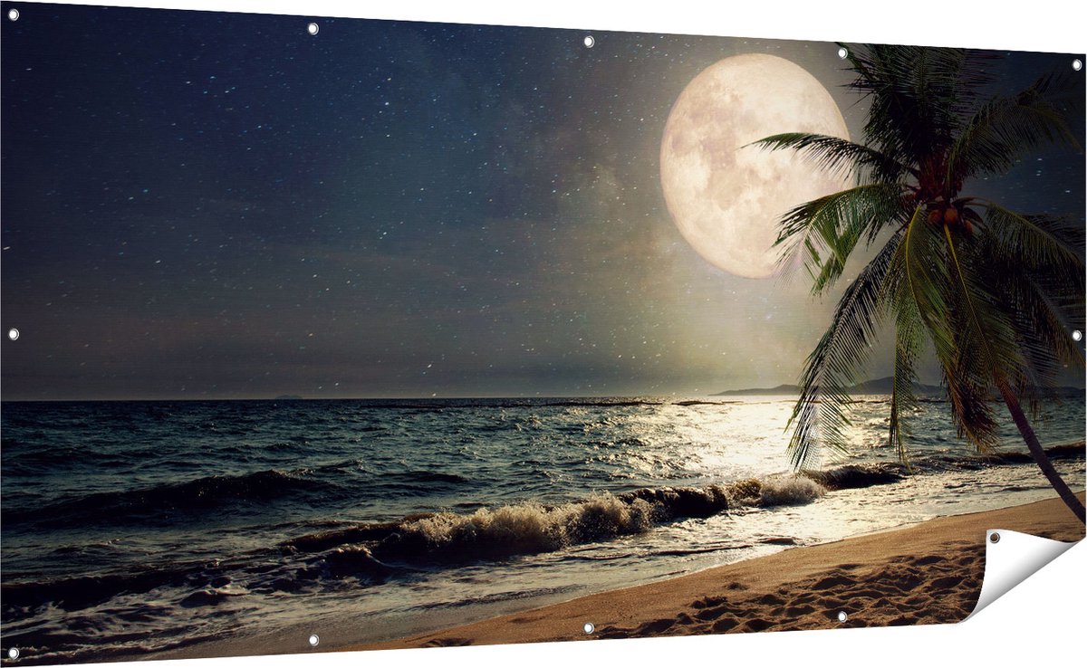 Gards Tuinposter Tropisch Strand in de Nacht met Volle Maan - 200x100 cm - Tuindoek - Tuindecoratie - Wanddecoratie buiten - Tuinschilderij Multikleur