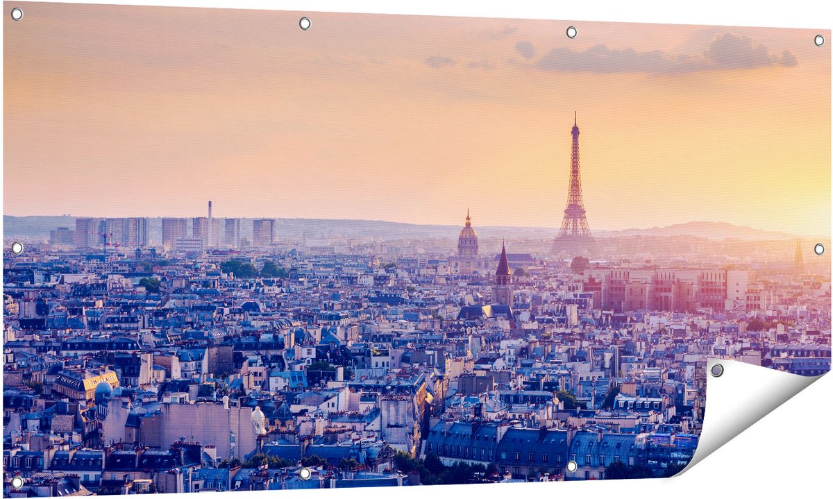 Gards Tuinposter Skyline van Parijs tijdens Zonsondergang - 140x70 cm - Tuindoek - Tuindecoratie - Wanddecoratie buiten - Tuinschilderij Multikleur