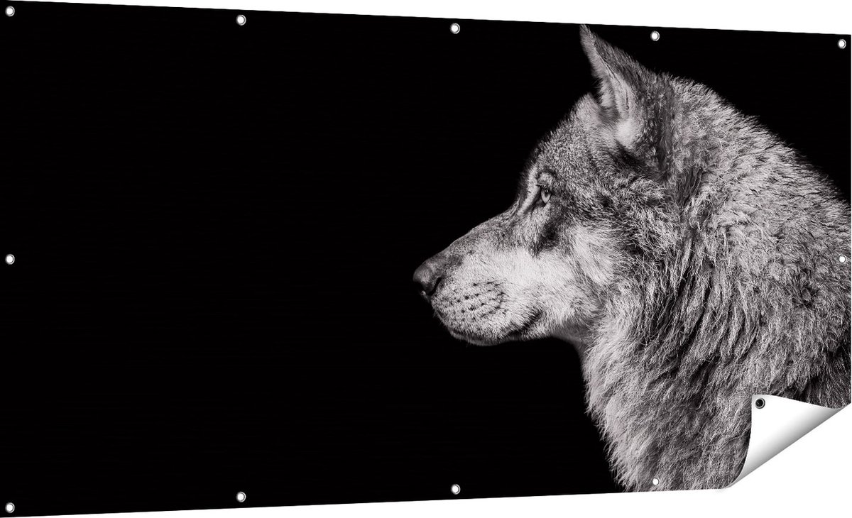 Gards Tuinposter Wolvenkop - Wolf - Zwart Wit - 180x90 cm - Tuindoek - Tuindecoratie - Wanddecoratie buiten - Tuinschilderij Multikleur