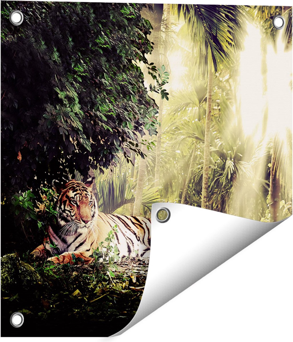 Gards Tuinposter Tijger in de Jungle met Zonneschijn - 40x40 cm - Tuindoek - Tuindecoratie - Wanddecoratie buiten - Tuinschilderij Multikleur