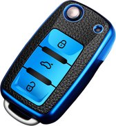TPU Sleutelcover - Sleutelhoesje Geschikt voor Volkswagen Golf / Polo / Tiguan / Up / Passat / Seat Leon / Skoda Citigo - Metallic Blauw en Zwart Leer - Flexibele Sleutel Cover - Zacht Hoesje - Auto Accessoires