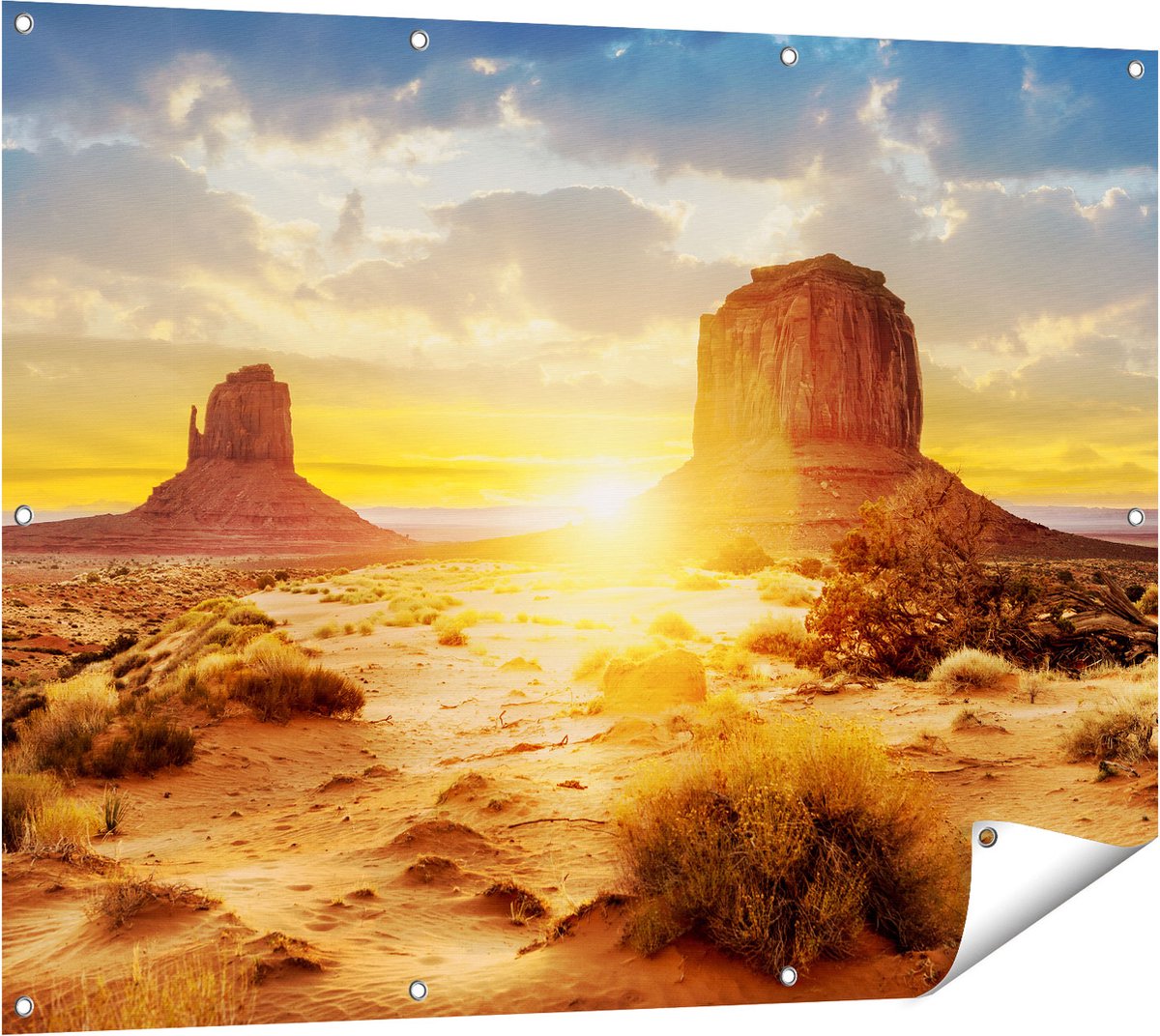 Gards Tuinposter Zonsondergang in Woestijn Monument Valley - 120x90 cm - Tuindoek - Tuindecoratie - Wanddecoratie buiten - Tuinschilderij Multikleur
