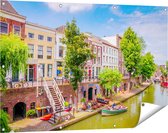 Gards Tuinposter Huisjes aan de Oudegracht in Utrecht - 120x80 cm - Tuindoek - Tuindecoratie - Wanddecoratie buiten - Tuinschilderij