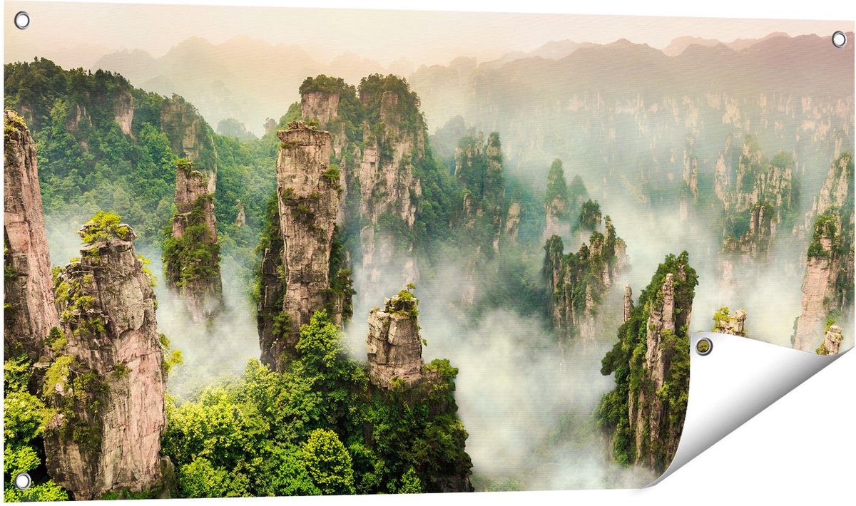 Gards Tuinposter Zhangjiajie Klif Bergen in China - 100x50 cm - Tuindoek - Tuindecoratie - Wanddecoratie buiten - Tuinschilderij Multikleur