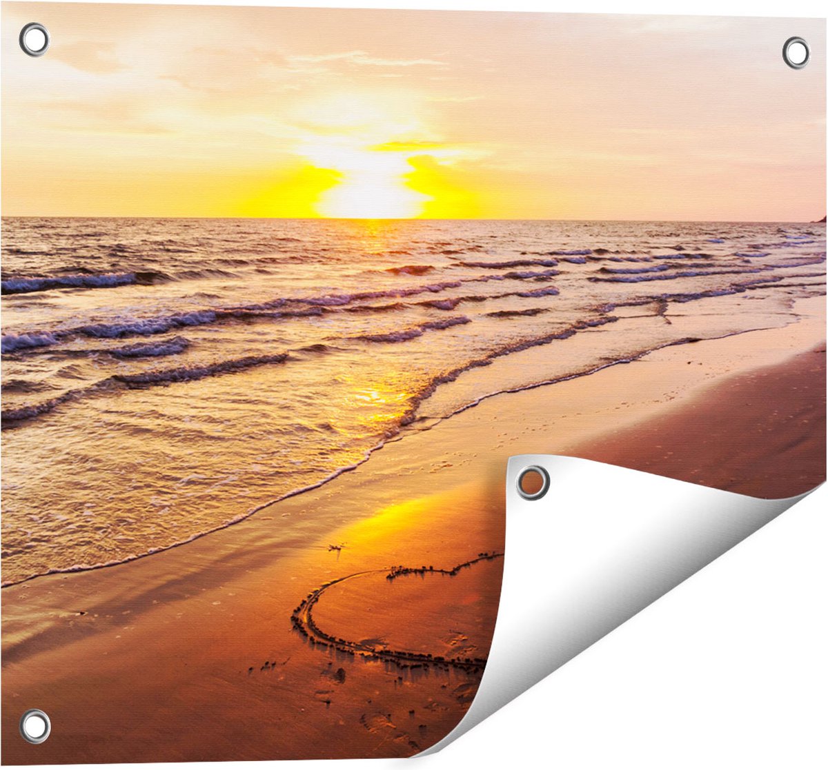 Gards Tuinposter Zonsondergang op het Strand met een Hartje - 50x40 cm - Tuindoek - Tuindecoratie - Wanddecoratie buiten - Tuinschilderij Multikleur