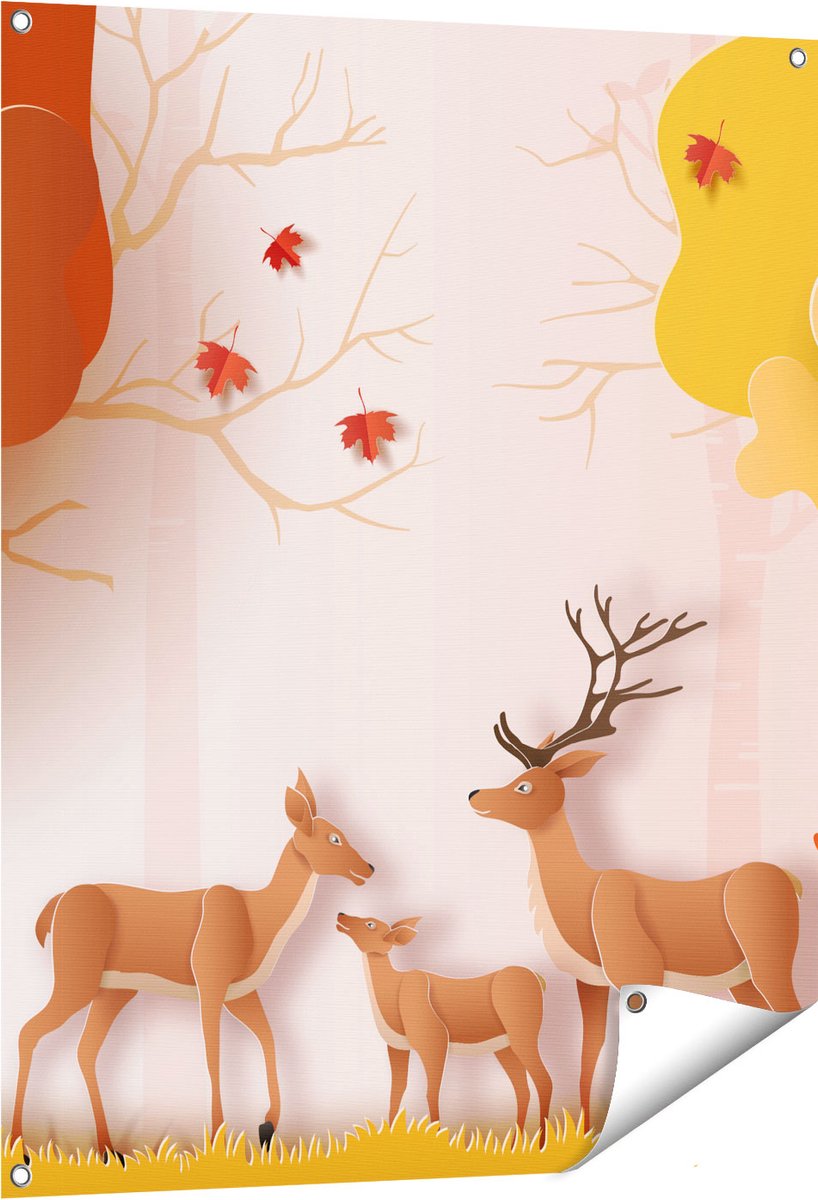 Gards Tuinposter Herten in het Bos Illustratie - Abstract - 80x100 cm - Tuindoek - Tuindecoratie - Wanddecoratie buiten - Tuinschilderij Multikleur