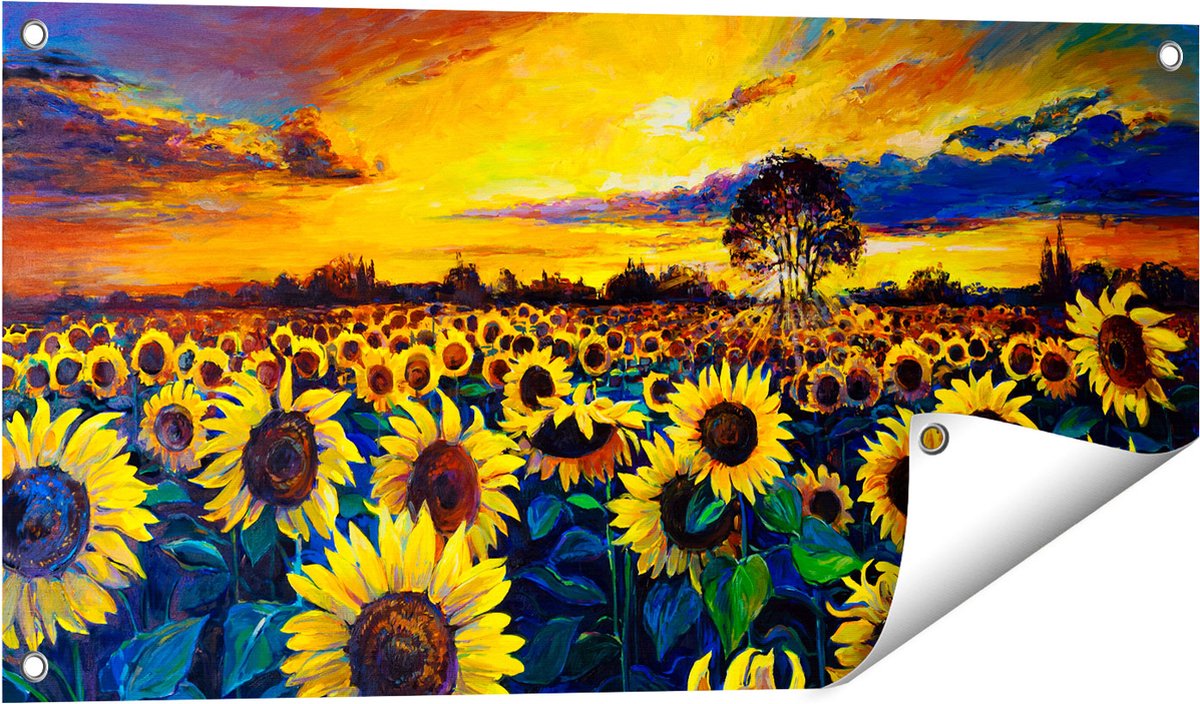 Gards Tuinposter Getekende Zonnebloemen Veld met Olieverf - 80x40 cm - Tuindoek - Tuindecoratie - Wanddecoratie buiten - Tuinschilderij Multikleur