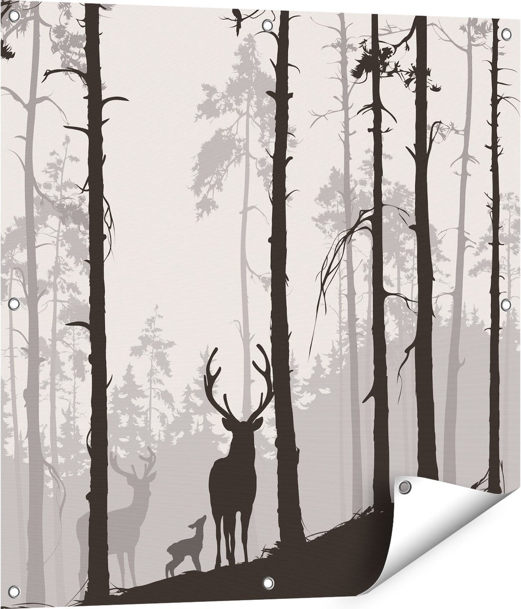 Gards Tuinposter Herten in het Bos - Silhouet - 80x80 cm - Tuindoek - Tuindecoratie - Wanddecoratie buiten - Tuinschilderij Multikleur