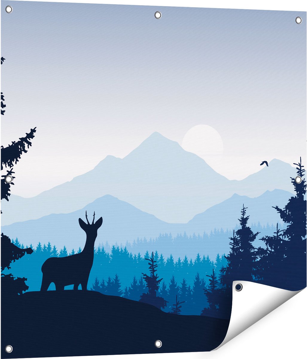 Gards Tuinposter Hert in het Bos - Silhouet - 80x80 cm - Tuindoek - Tuindecoratie - Wanddecoratie buiten - Tuinschilderij Multikleur