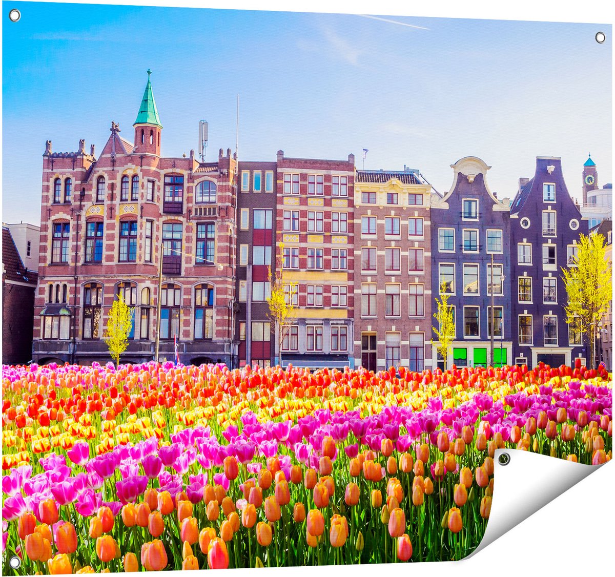 Gards Tuinposter Amsterdamse Huisjes met Tulpen - Kleur - 100x80 cm - Tuindoek - Tuindecoratie - Wanddecoratie buiten - Tuinschilderij Multikleur