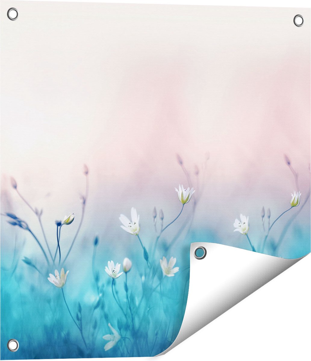Gards Tuinposter Witte Bloemen op een Blauw Achtergrond - 50x50 cm - Tuindoek - Tuindecoratie - Wanddecoratie buiten - Tuinschilderij Multikleur