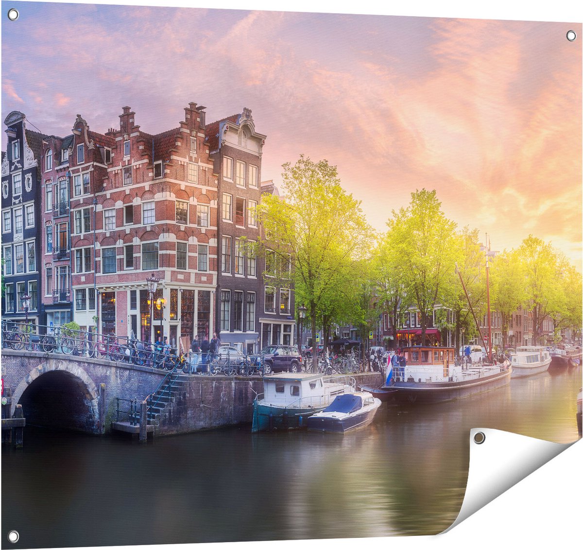 Gards Tuinposter Amsterdamse Grachten - 100x80 cm - Tuindoek - Tuindecoratie - Wanddecoratie buiten - Tuinschilderij Multikleur