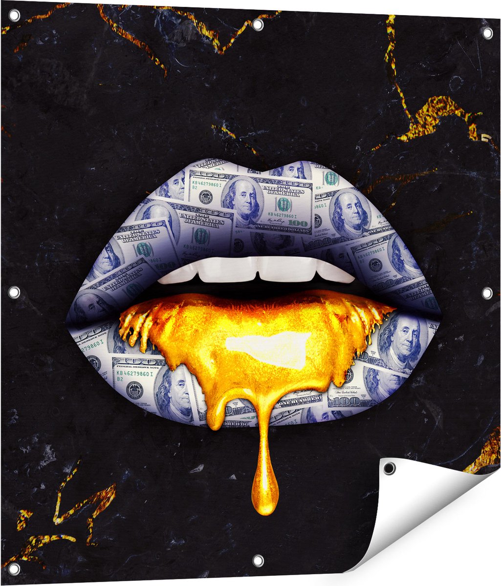 Gards Tuinposter Dollar Lippen met Goud - 80x80 cm - Tuindoek - Tuindecoratie - Wanddecoratie buiten - Tuinschilderij Multikleur