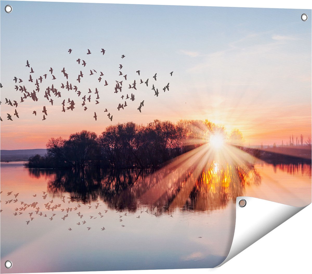 Gards Tuinposter Groep Vogels Boven de Meer met Zonsondergang - 80x60 cm - Tuindoek - Tuindecoratie - Wanddecoratie buiten - Tuinschilderij Multikleur