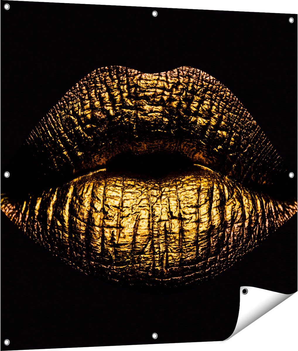 Gards Tuinposter Gouden Lippen - 100x100 cm - Tuindoek - Tuindecoratie - Wanddecoratie buiten - Tuinschilderij Multikleur