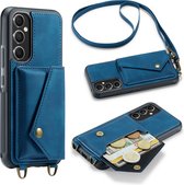 Casemania Hoesje Geschikt voor Samsung Galaxy A14 Navy Blue - Luxe Back Cover met Koord - Wallet Case - Pasjeshouder