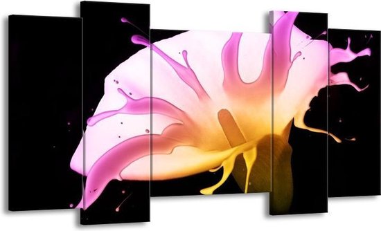 GroepArt - Schilderij - Bloem - Roze, Geel, Zwart - 120x65 5Luik - Foto Op Canvas - GroepArt 6000+ Schilderijen 0p Canvas Art Collectie - Wanddecoratie