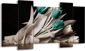 GroepArt - Schilderij - Tulpen - Blauw, Wit, Zwart - 120x65 5Luik - Foto Op Canvas - GroepArt 6000+ Schilderijen 0p Canvas Art Collectie - Wanddecoratie