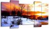 GroepArt - Schilderij - Winter - Wit, Oranje, Bruin - 120x65 5Luik - Foto Op Canvas - GroepArt 6000+ Schilderijen 0p Canvas Art Collectie - Wanddecoratie
