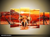 Schilderij -  Afrika - Rood, Oranje - 150x70cm 5Luik - GroepArt - Handgeschilderd Schilderij - Canvas Schilderij - Wanddecoratie - Woonkamer - Slaapkamer - Geschilderd Door Onze Kunstenaars 2000+Collectie Maatwerk Mogelijk