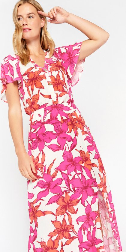 LolaLiza Maxi-jurk met tropische bloemen - Dark Pink - Maat 38