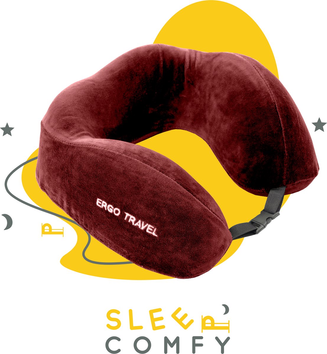 Sleep Comfy - Ergo Travel Serie - Luxe Reiskussen - Traagschuim - Bordeaux - Memory Foam- Vliegtuig Auto Thuiswerken