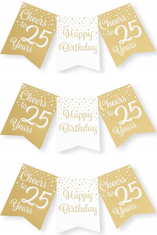 Paperdreams verjaardag vlaggenlijn 25 jaar - 3x - wit/goud - 600 cm